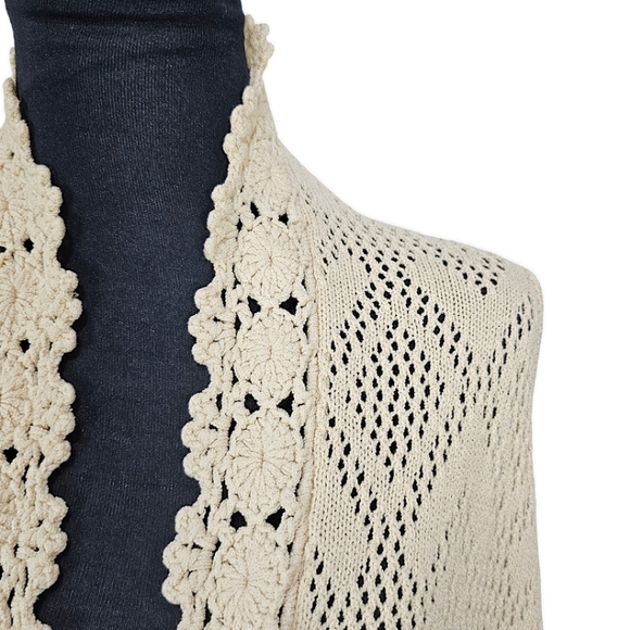 Rebecca Elliot Cottagecore Boho Tan Crochet Knit Open Front Vest Cardigan Small - Picture 8 of 13